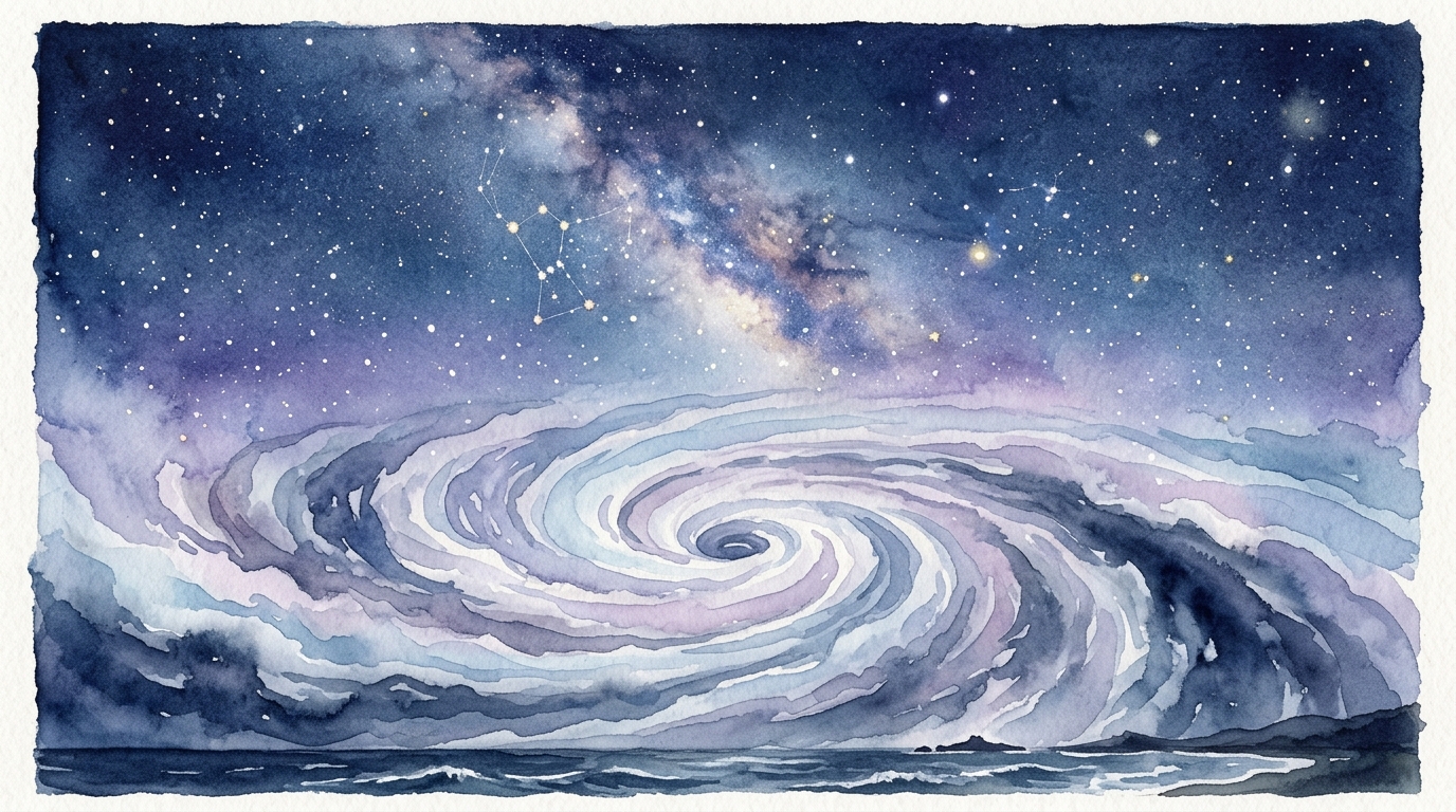 満天の星空と台風の雲の渦を描いた水彩画風イラスト