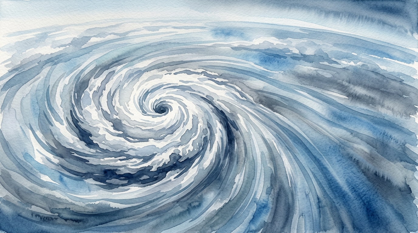 風の流れに乗って進んでいく台風の雲の渦を俯瞰で描いた水彩画風イラスト