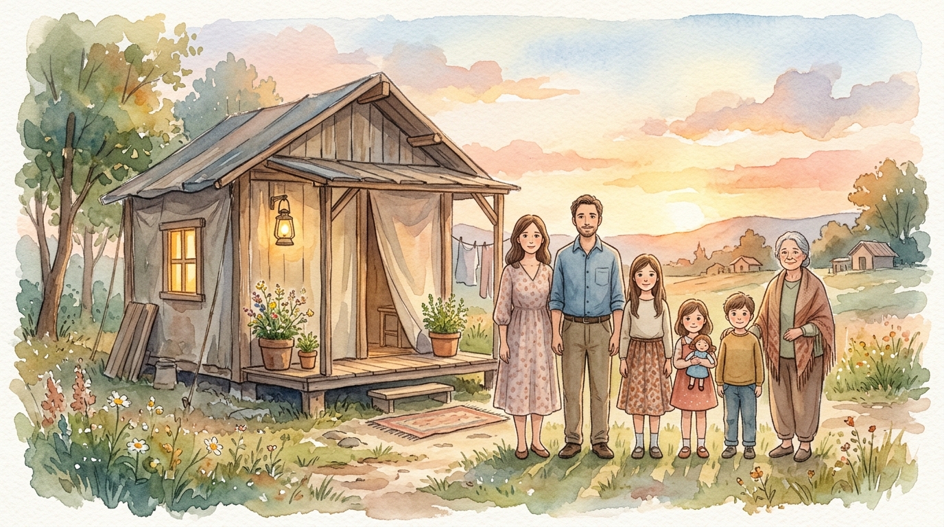 仮設住宅の前に家族が並んで立っている様子のイラスト