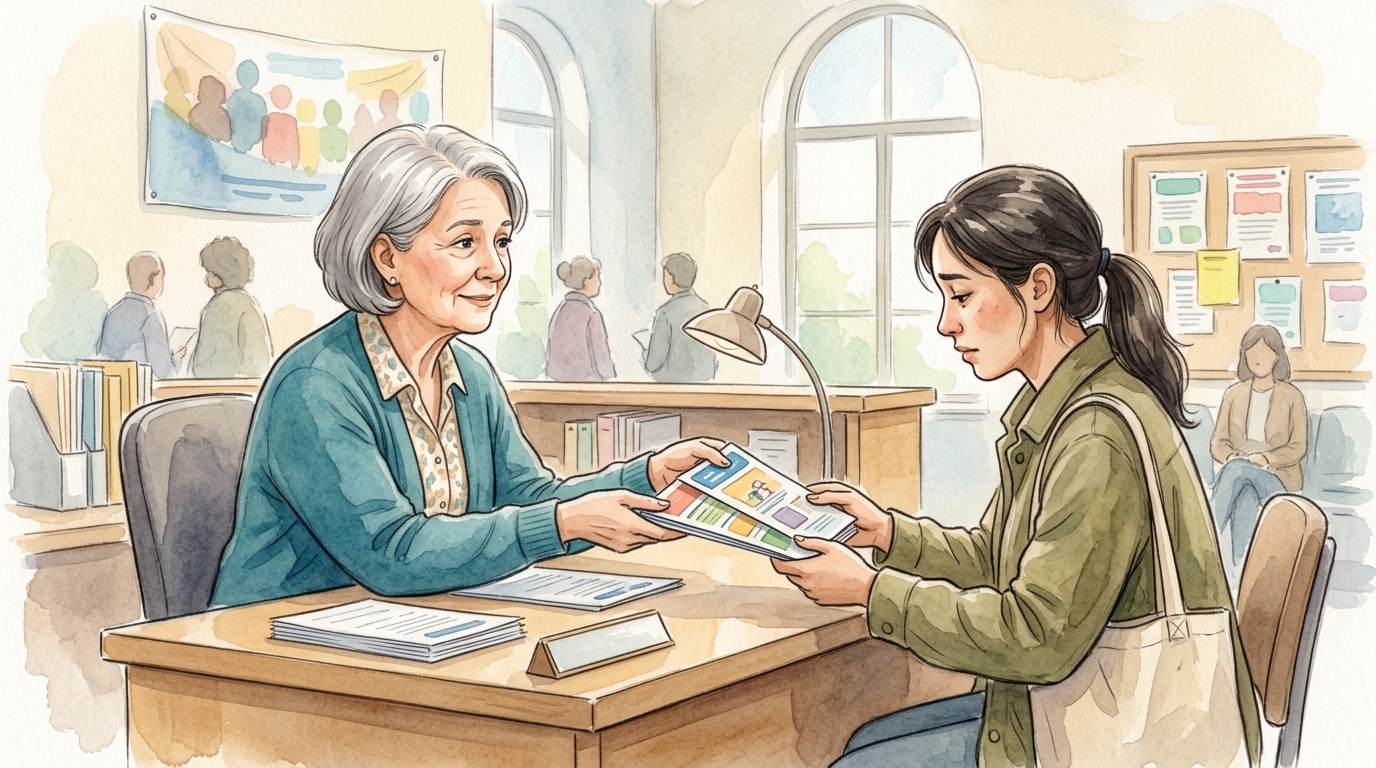 相談窓口でスタッフが案内資料を手渡している様子のイラスト
