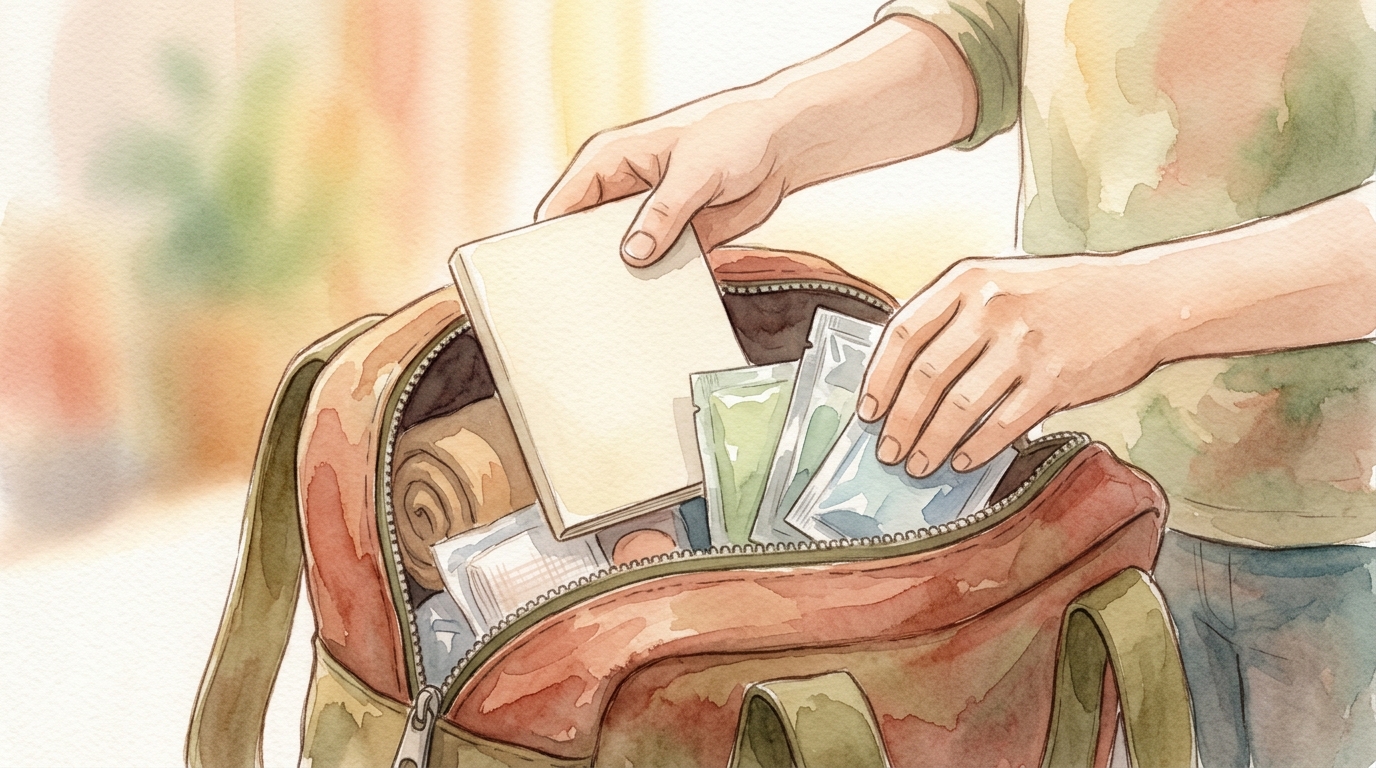 お薬手帳と予備の薬を防災リュックに入れる手元のイラスト