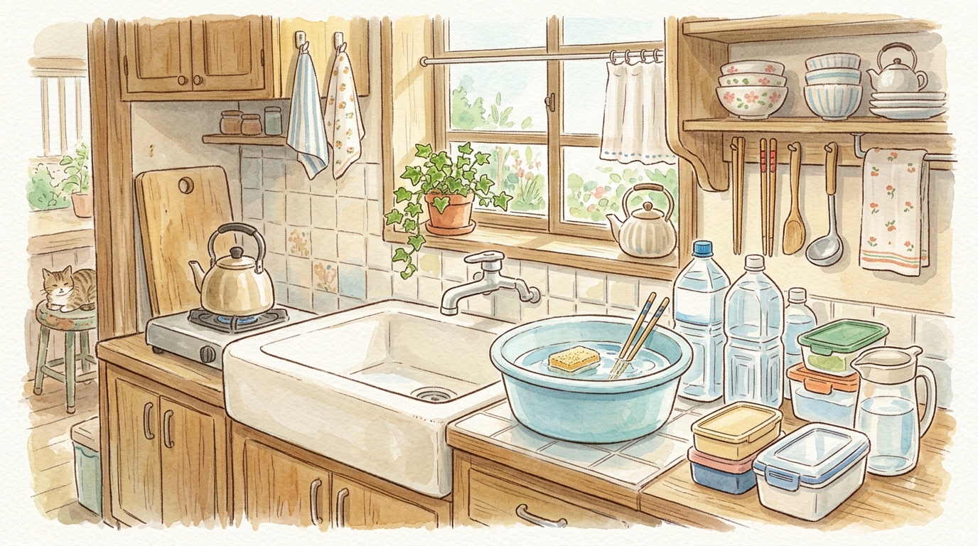 家庭で保存水やポリタンクを備え、節水を心がける暮らしのイメージイラスト
