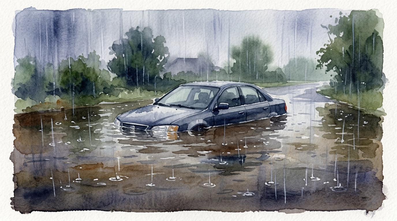 大雨で冠水した道路で車が半分水につかり立ち往生している様子のイラスト