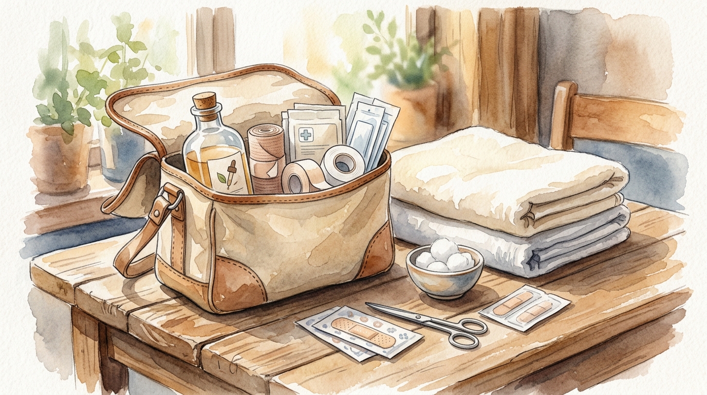 消毒液や絆創膏など応急手当グッズが並んだ静物イラスト