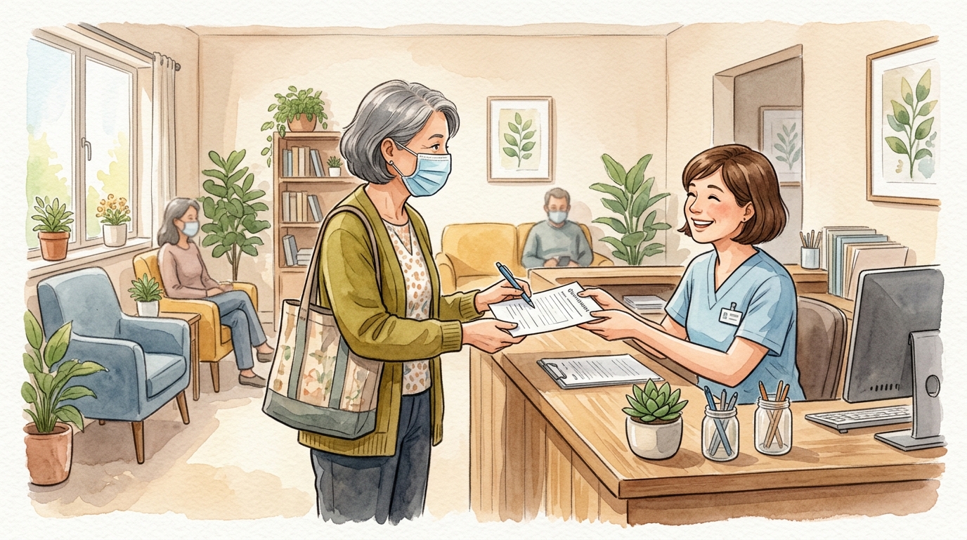 クリニックの受付で問診票を提出する人物のイメージイラスト