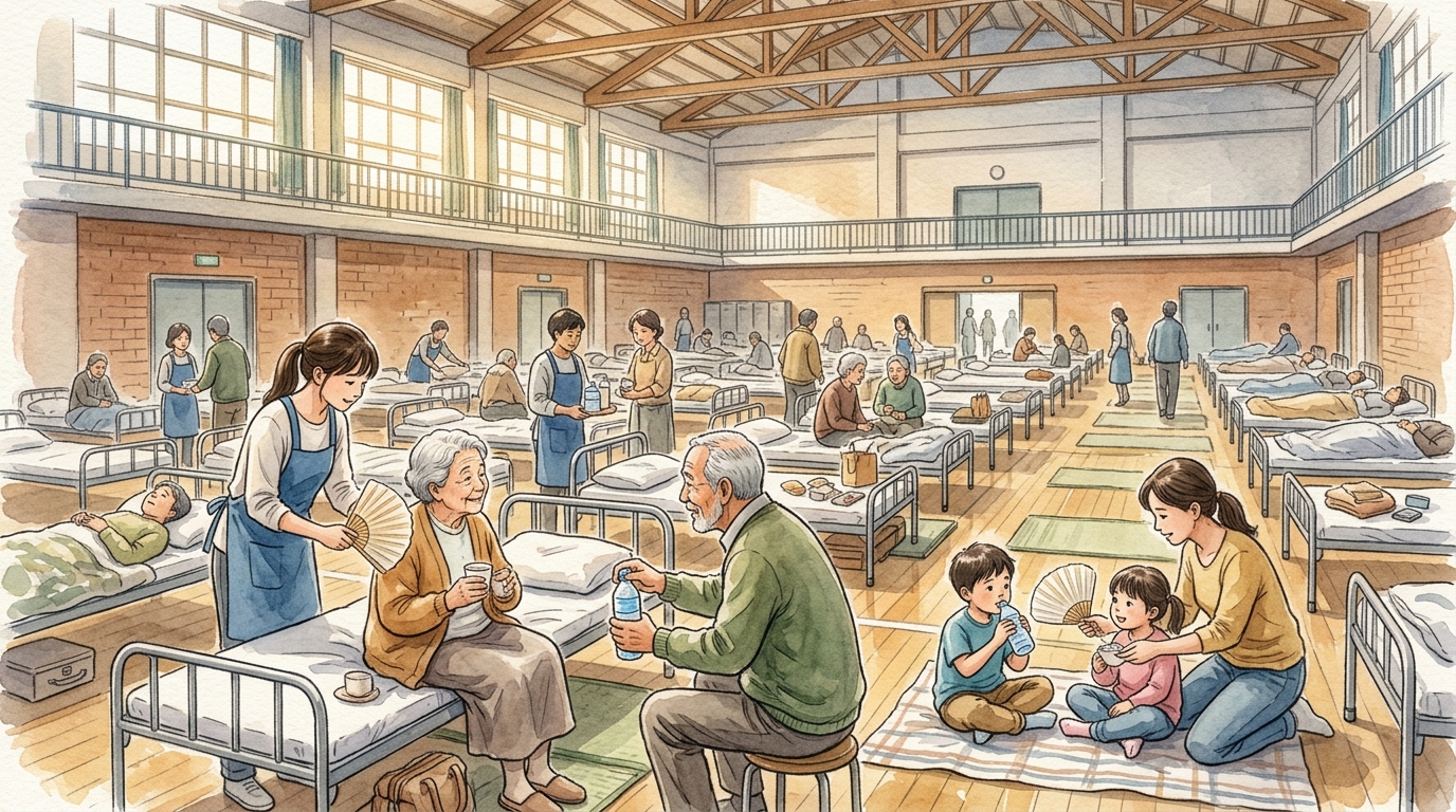 避難所で高齢者や子どもに気を配りながら過ごす人々のイメージイラスト