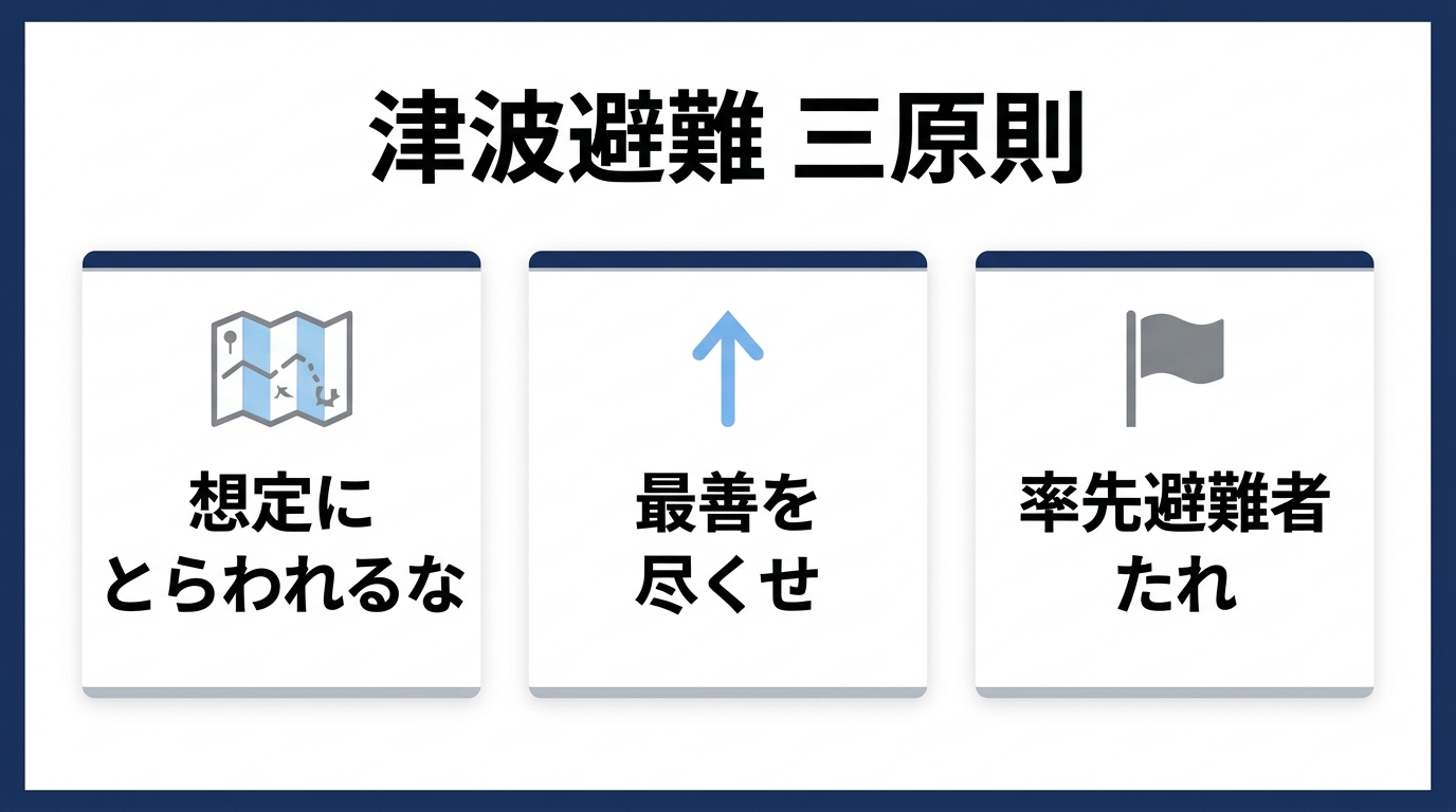 津波避難の三原則(想定にとらわれるな・最善を尽くせ・率先避難者たれ)を示す図解