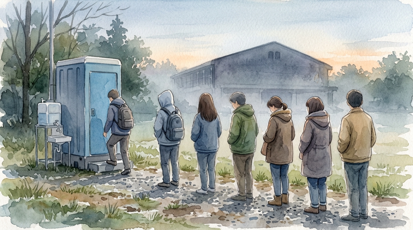 避難所の外に設置された仮設トイレに並ぶ人々のイメージイラスト