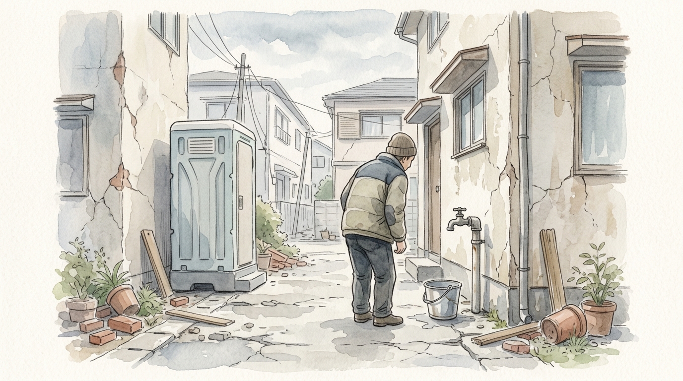 断水した街で水の出ない蛇口と簡易トイレを見つめる人物のイメージイラスト