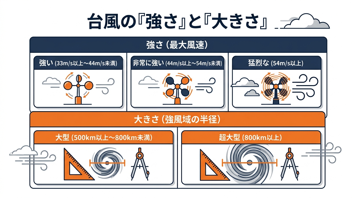 気象庁による台風の「強さ」と「大きさ」の分類表