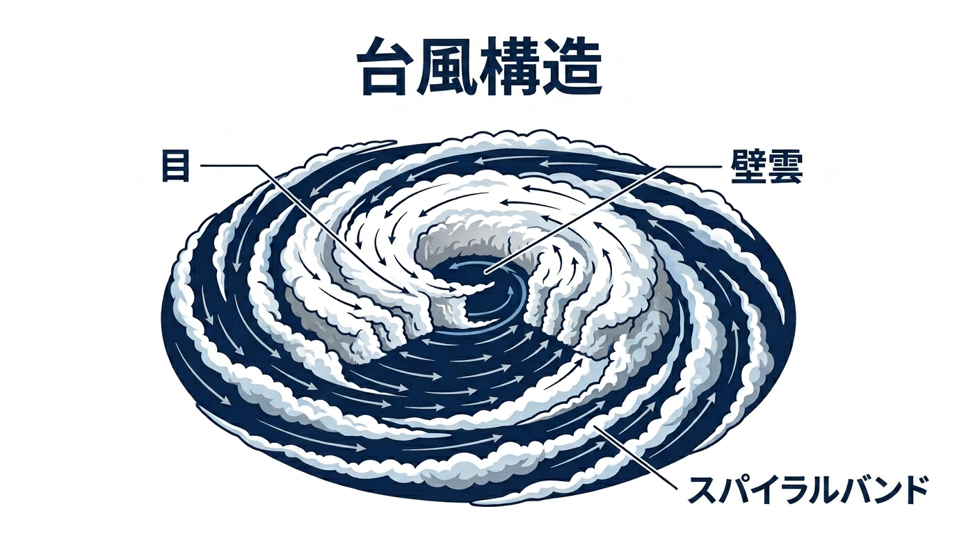 台風の構造(目・壁雲・スパイラルバンド)の断面図解